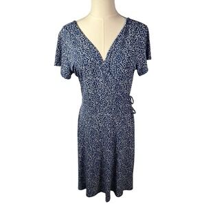 Kaileigh Kaela Faux Wrap Knit Dress Navy White Floral Print Short Sleeve M New